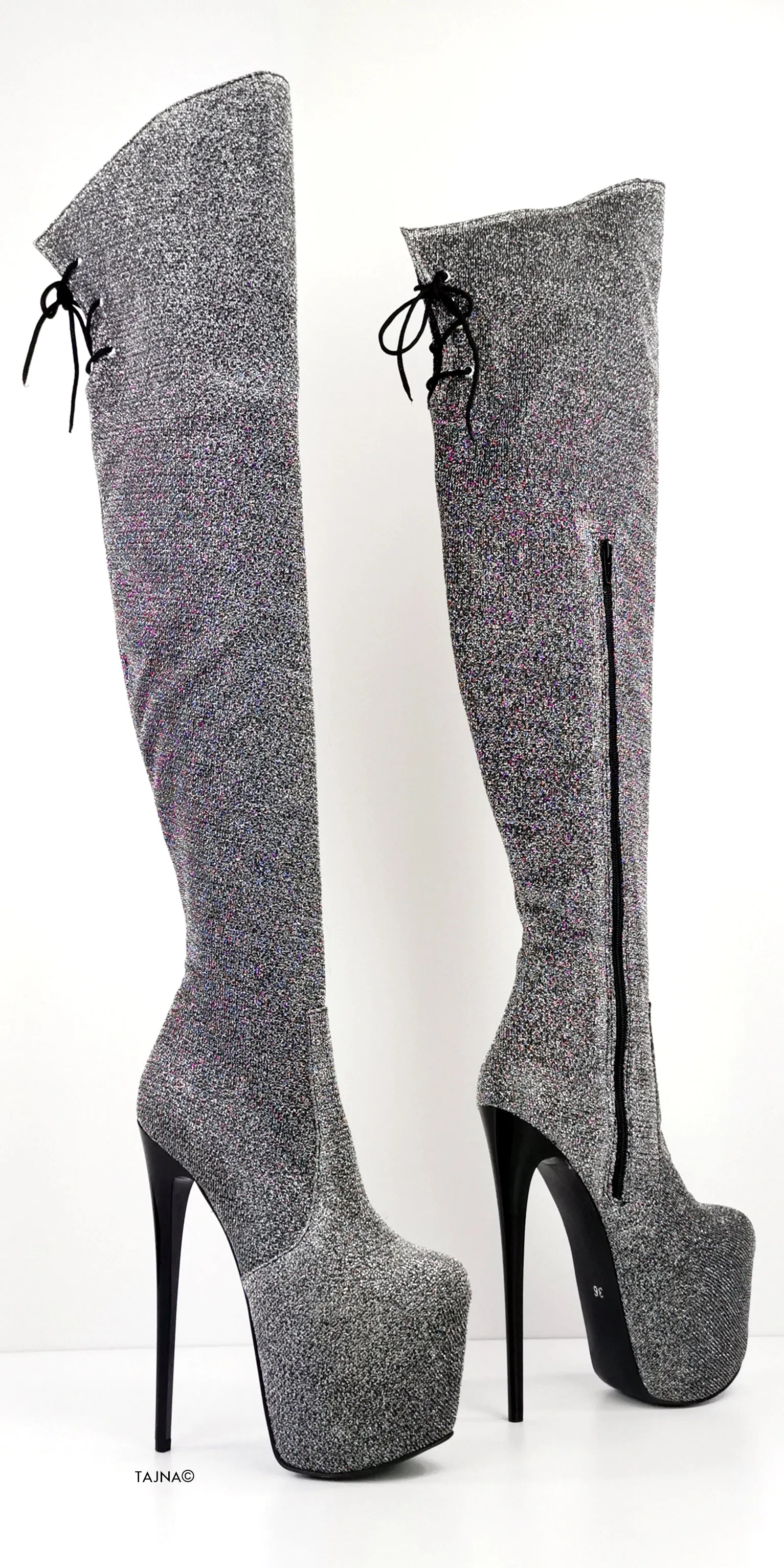 Grey Silver Shine Over Knee Heel Boots