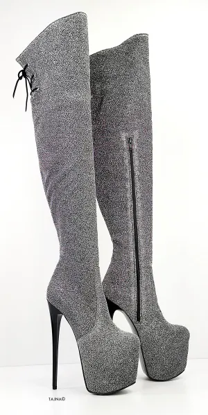 Grey Silver Shine Over Knee Heel Boots