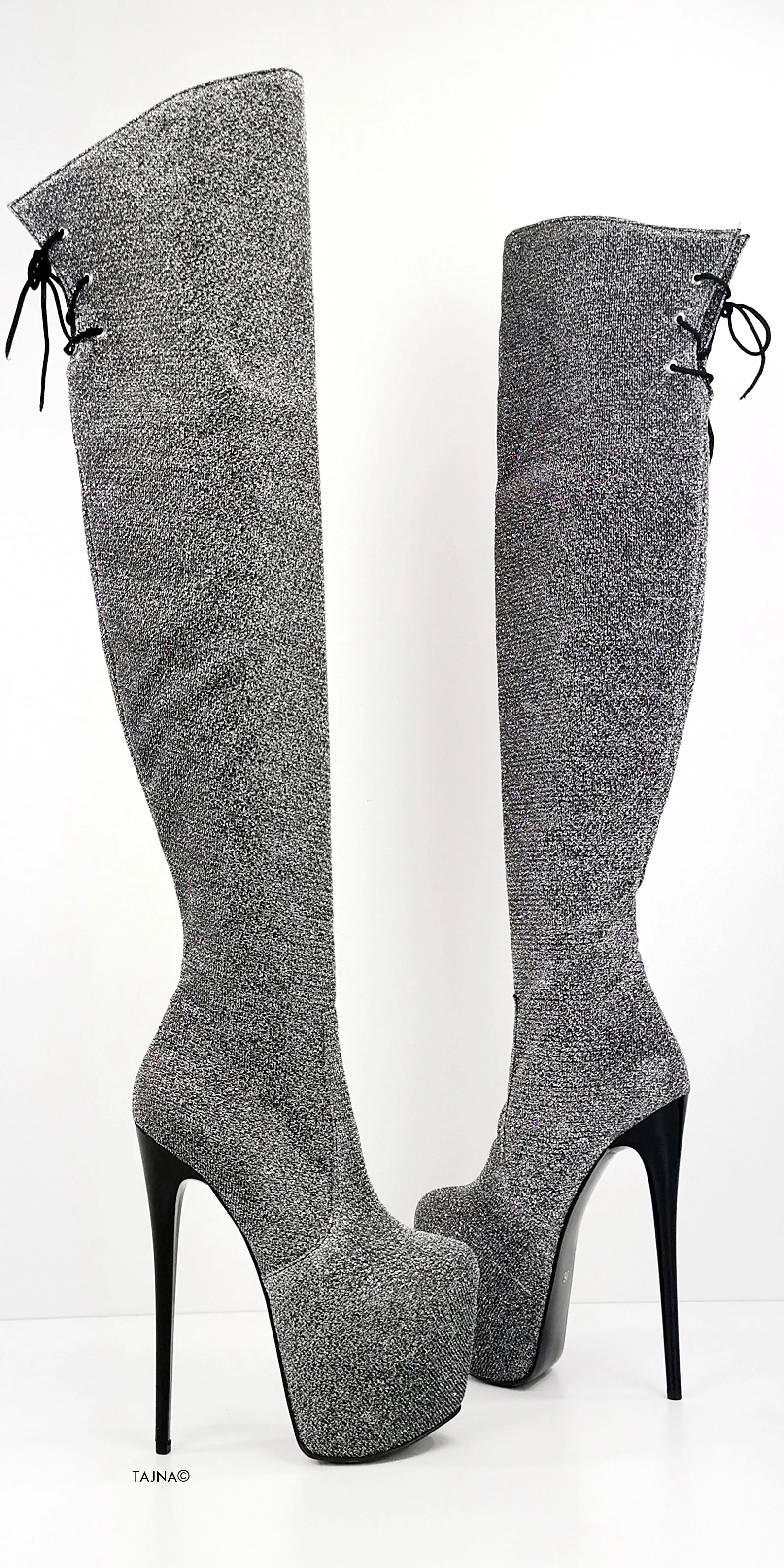 Grey Silver Shine Over Knee Heel Boots
