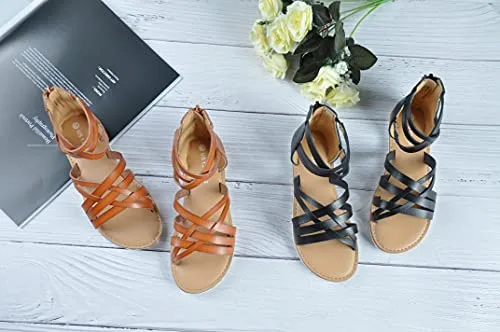 Harebell Gladiator Sandals for Girls Cross Strappy Gladiator Sandals with High Back Zipper Girls Summer Dress Sandals Brown 5