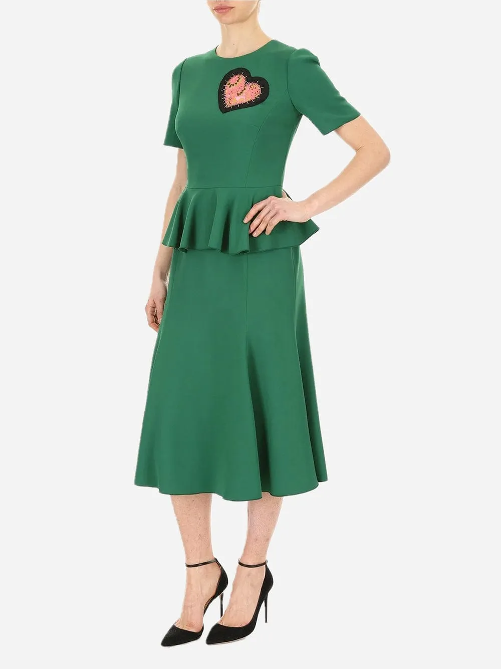 Heart-Embellished Round-Neck Peplum Dress