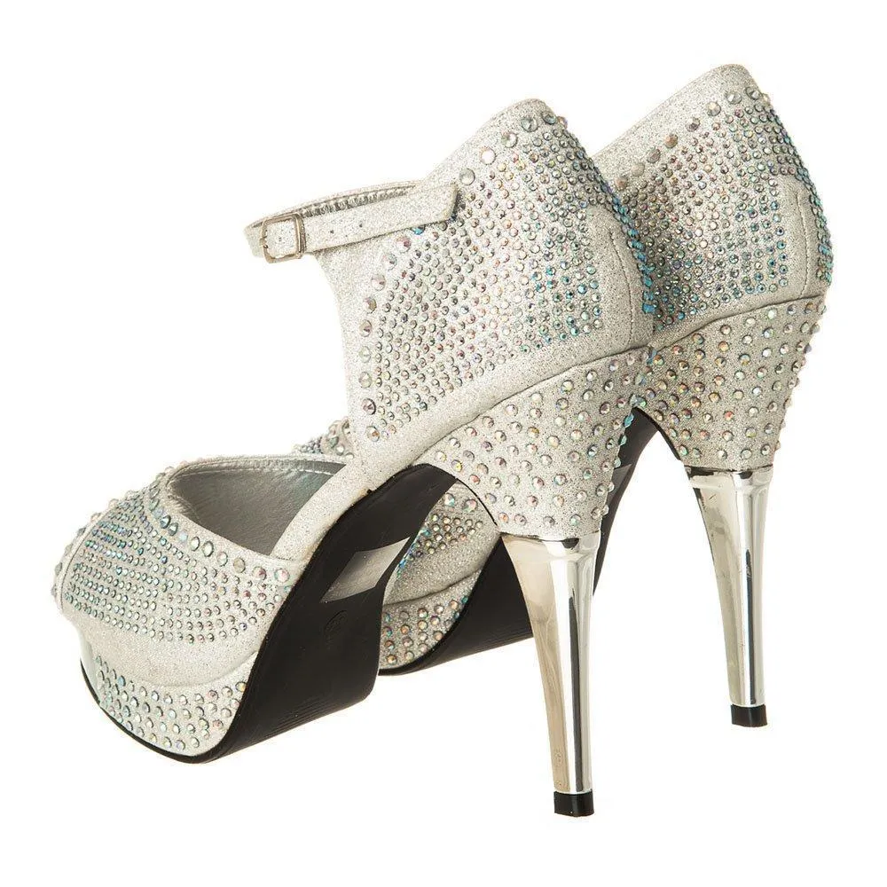 High Heel Platform Diamante Shoe With Open Toe And Ankle Strap
