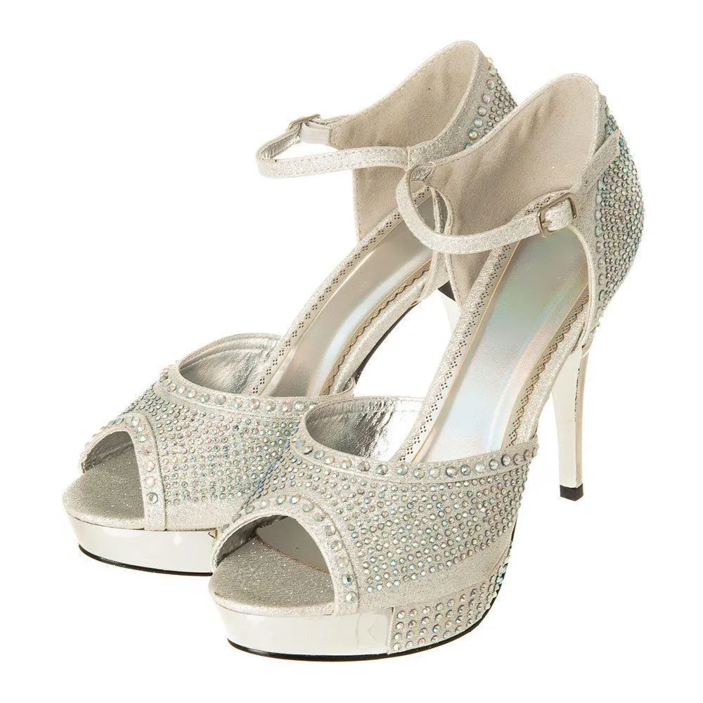 High Heel Platform Diamante Shoe With Open Toe And Ankle Strap