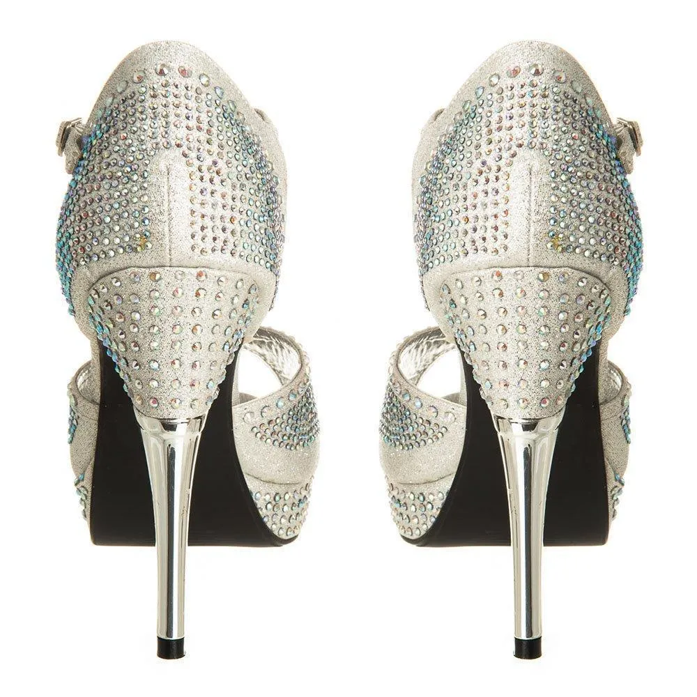 High Heel Platform Diamante Shoe With Open Toe And Ankle Strap