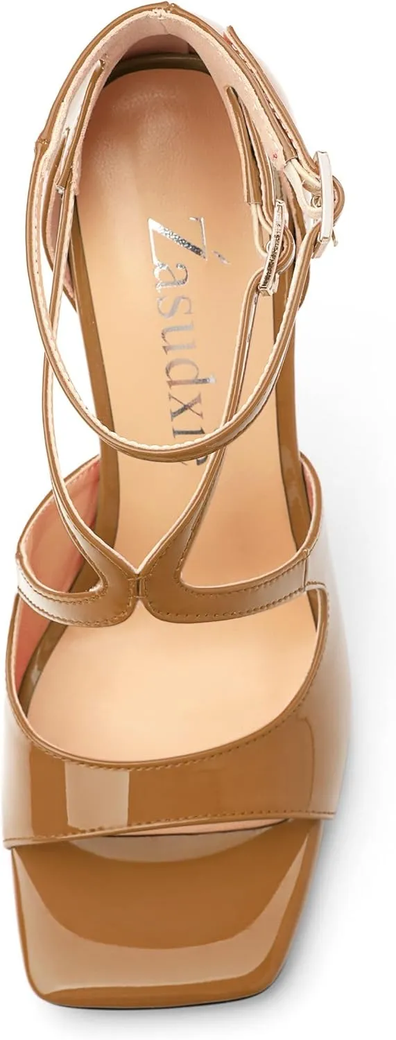 High Heels for Women, Women's Stiletto Heels Cross Strappy Square Open Toe Sexy Sandals Ankle Strap Buckle High Heels Fashion Dress Prom Sandals