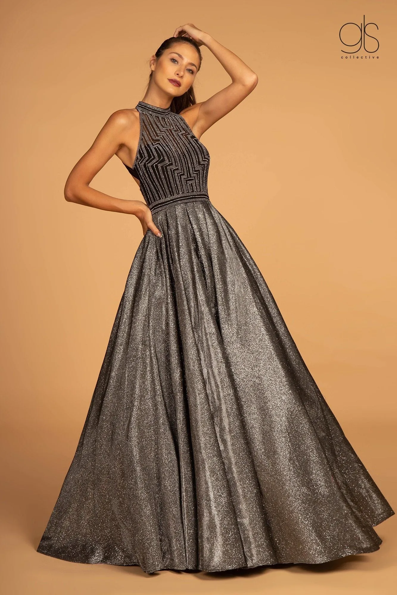 High Neck Evening Gown with Glitter Skirt by GLS Gloria GL2631