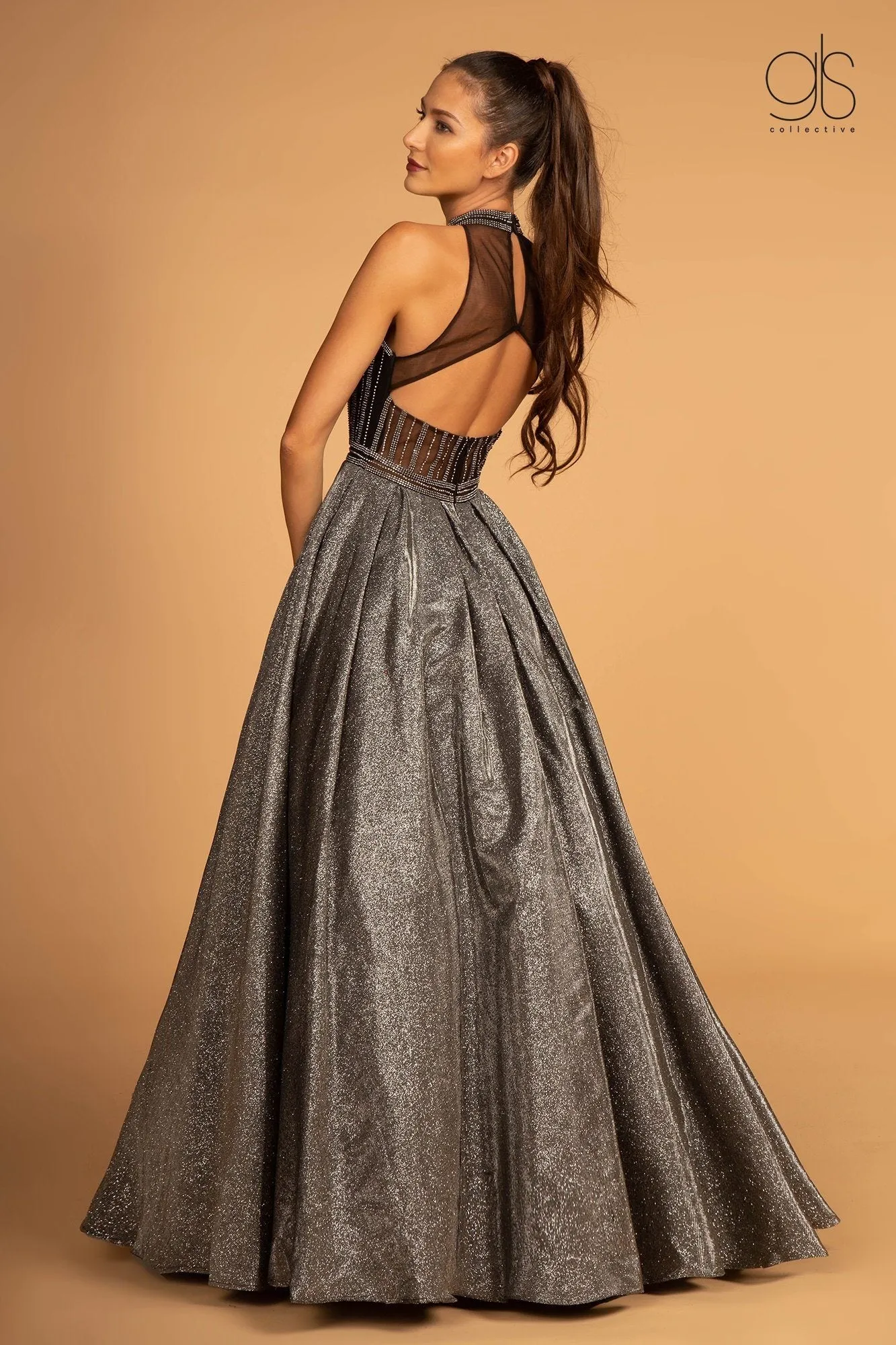 High Neck Evening Gown with Glitter Skirt by GLS Gloria GL2631