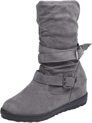 Hiking Boots Women Lug Sole Mid Calf Boots Suede Wedge Ankle Boots Non-Slip Buckle Winter Work Bootie