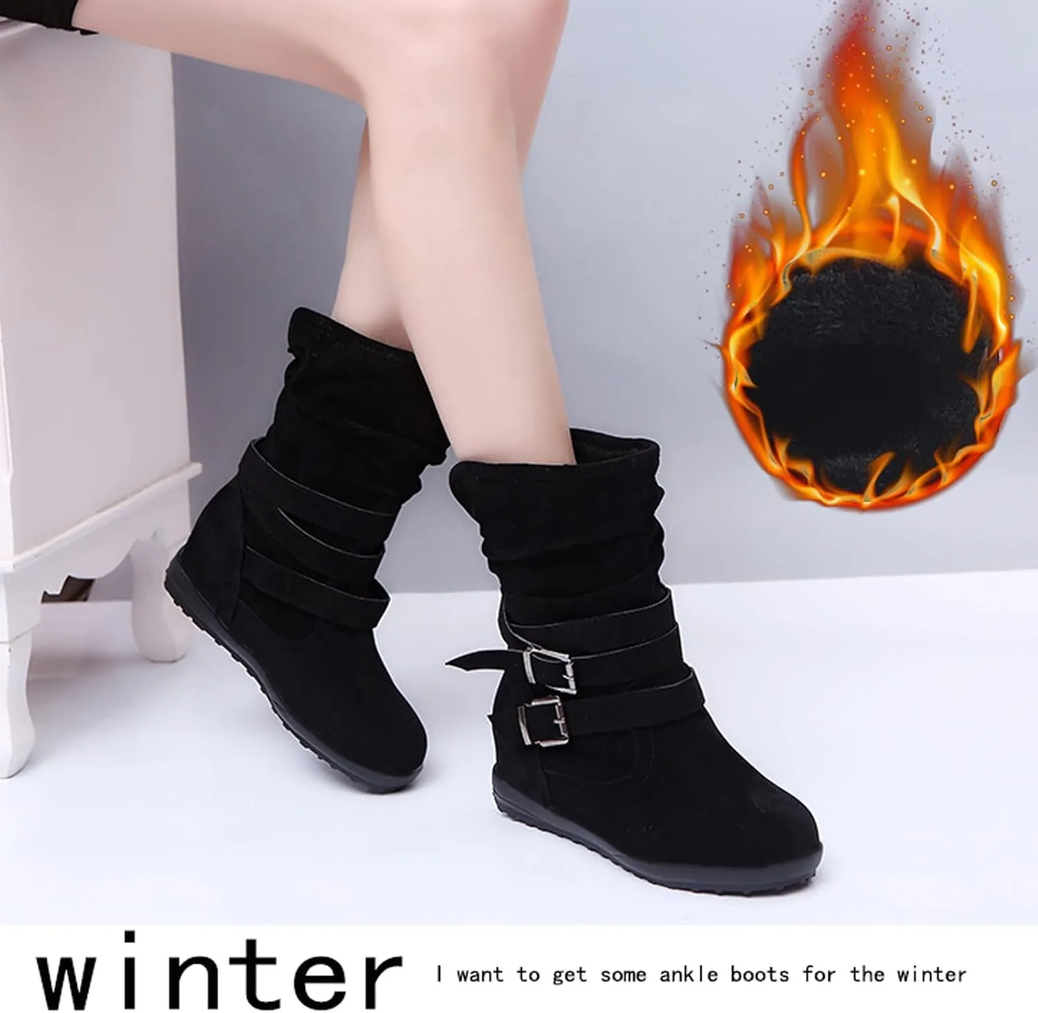 Hiking Boots Women Lug Sole Mid Calf Boots Suede Wedge Ankle Boots Non-Slip Buckle Winter Work Bootie