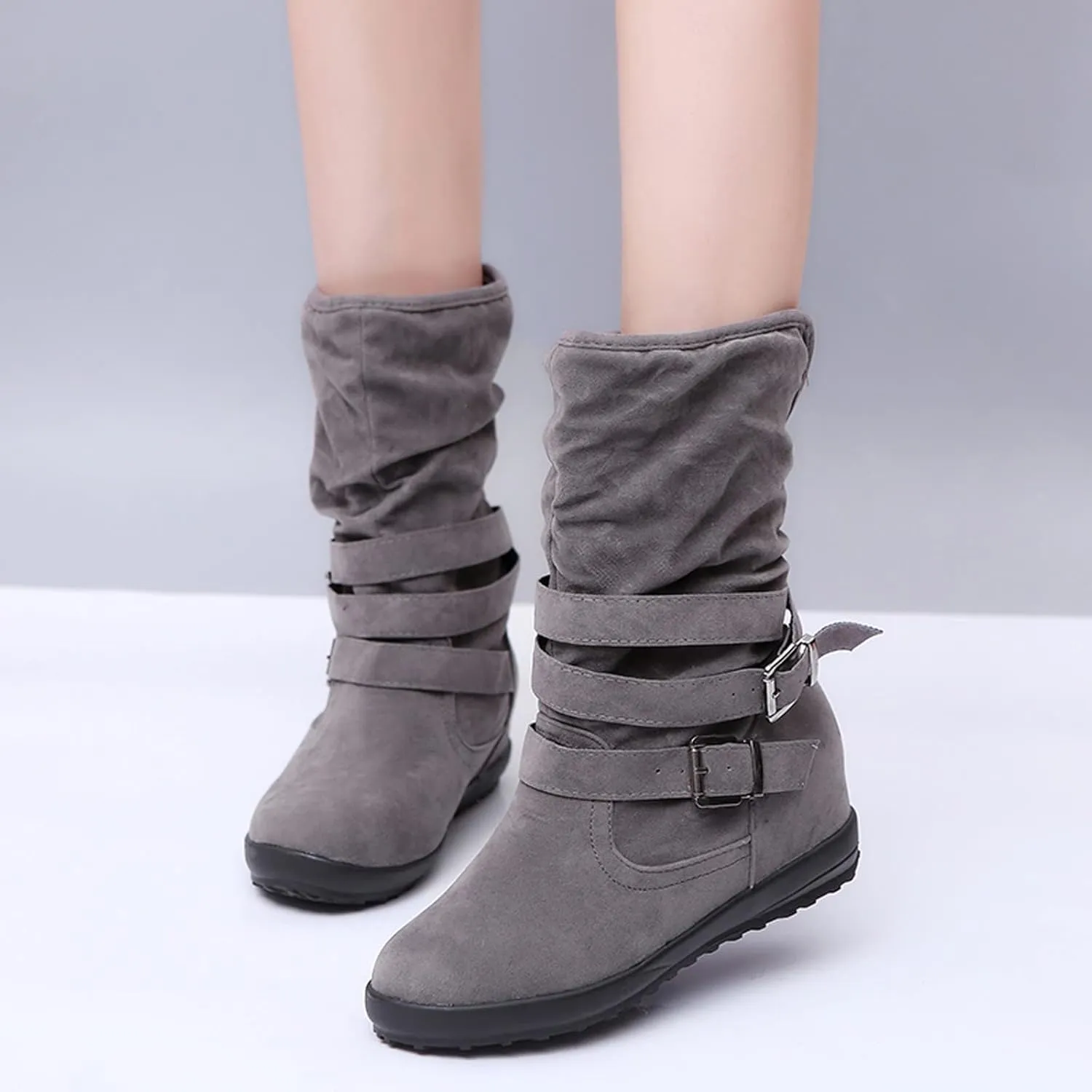 Hiking Boots Women Lug Sole Mid Calf Boots Suede Wedge Ankle Boots Non-Slip Buckle Winter Work Bootie