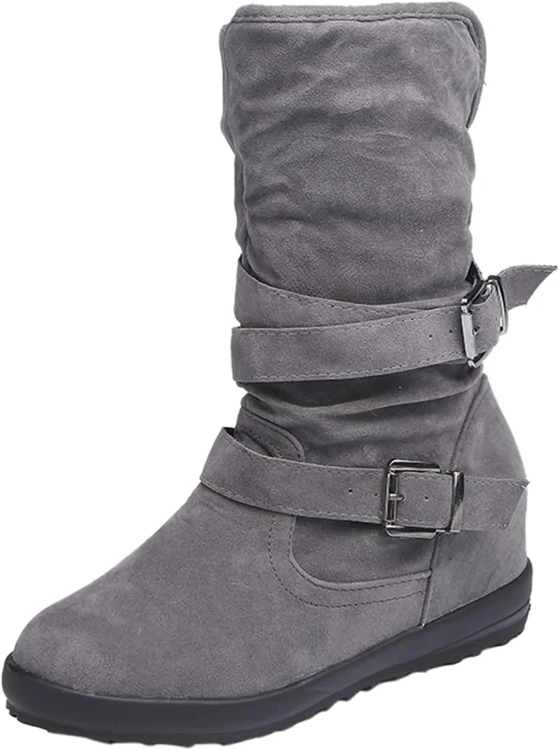 Hiking Boots Women Lug Sole Mid Calf Boots Suede Wedge Ankle Boots Non-Slip Buckle Winter Work Bootie