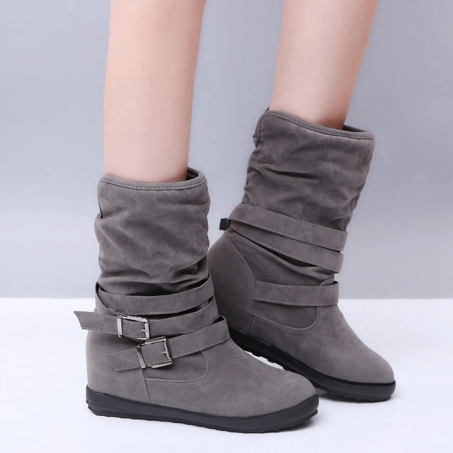 Hiking Boots Women Lug Sole Mid Calf Boots Suede Wedge Ankle Boots Non-Slip Buckle Winter Work Bootie