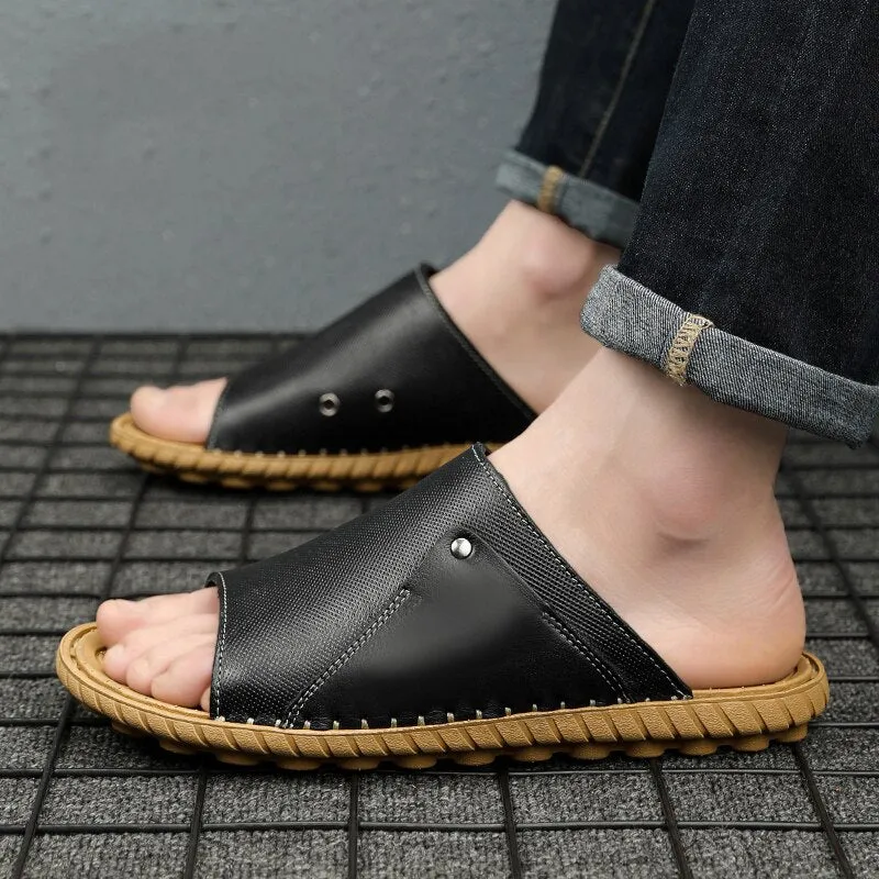 Hnzxzm Summer Genuine Leather Men's Slippers Breathable Slip-On Sandals Men Casual Beach Shoes Outdoor flip flop Big Size 38-47