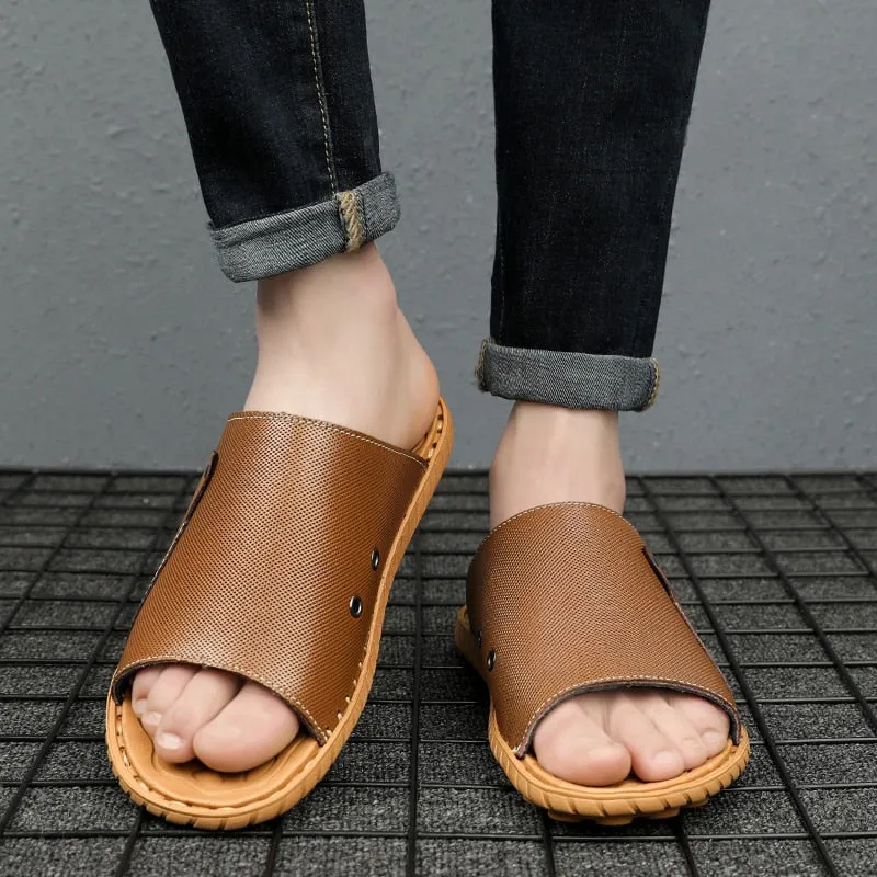 Hnzxzm Summer Genuine Leather Men's Slippers Breathable Slip-On Sandals Men Casual Beach Shoes Outdoor flip flop Big Size 38-47