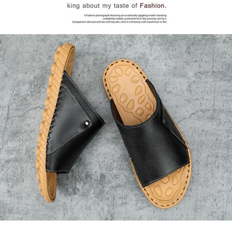 Hnzxzm Summer Genuine Leather Men's Slippers Breathable Slip-On Sandals Men Casual Beach Shoes Outdoor flip flop Big Size 38-47