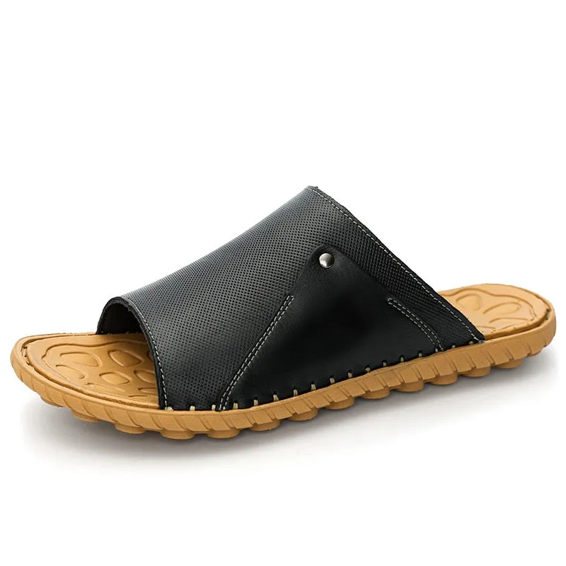 Hnzxzm Summer Genuine Leather Men's Slippers Breathable Slip-On Sandals Men Casual Beach Shoes Outdoor flip flop Big Size 38-47