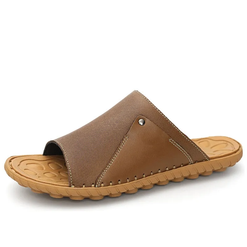 Hnzxzm Summer Genuine Leather Men's Slippers Breathable Slip-On Sandals Men Casual Beach Shoes Outdoor flip flop Big Size 38-47