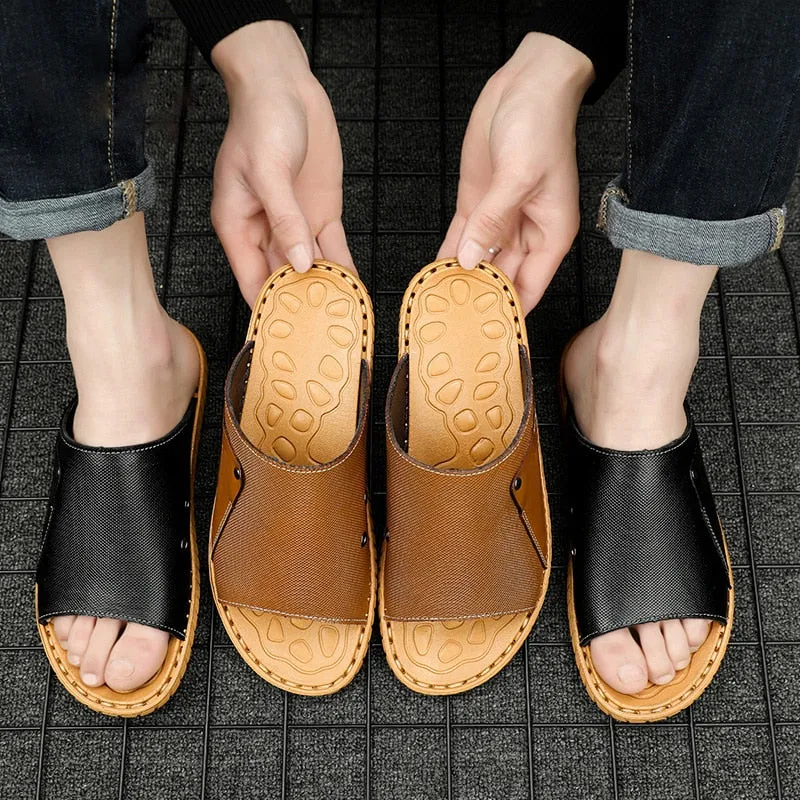Hnzxzm Summer Genuine Leather Men's Slippers Breathable Slip-On Sandals Men Casual Beach Shoes Outdoor flip flop Big Size 38-47