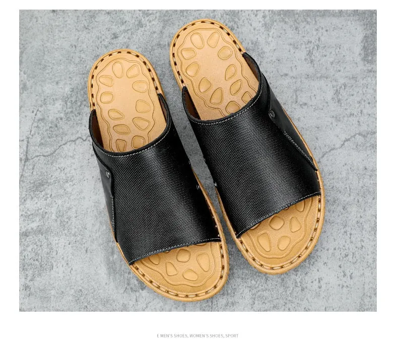 Hnzxzm Summer Genuine Leather Men's Slippers Breathable Slip-On Sandals Men Casual Beach Shoes Outdoor flip flop Big Size 38-47