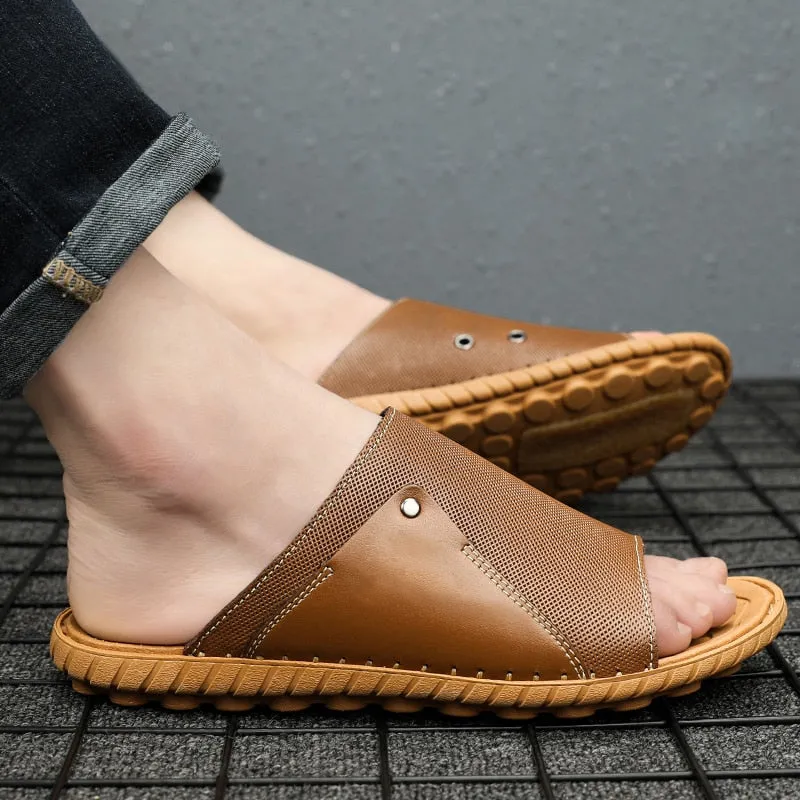 Hnzxzm Summer Genuine Leather Men's Slippers Breathable Slip-On Sandals Men Casual Beach Shoes Outdoor flip flop Big Size 38-47