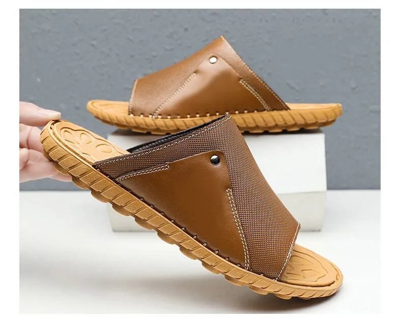Hnzxzm Summer Genuine Leather Men's Slippers Breathable Slip-On Sandals Men Casual Beach Shoes Outdoor flip flop Big Size 38-47