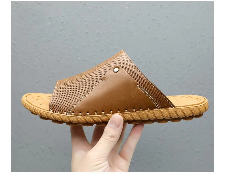 Hnzxzm Summer Genuine Leather Men's Slippers Breathable Slip-On Sandals Men Casual Beach Shoes Outdoor flip flop Big Size 38-47