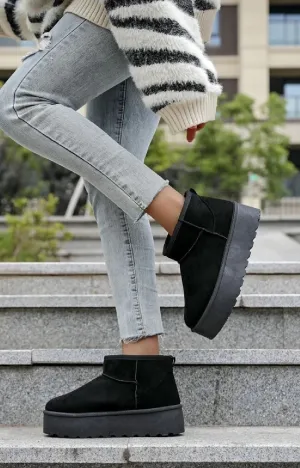 H.O.S Ultra Mini Black Platform Womens Fur Lined Ankle Boots