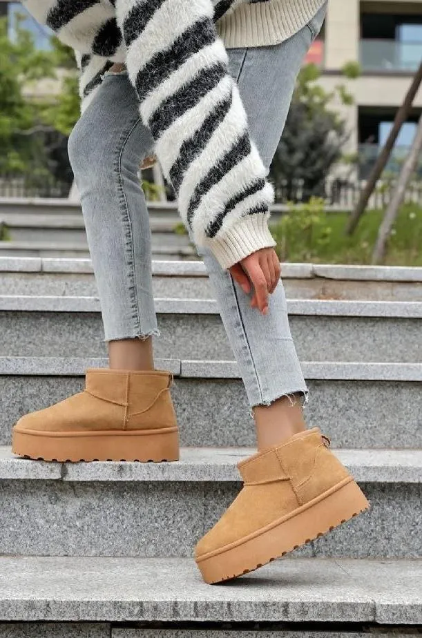 H.O.S Ultra Mini Chestnut Platform Womens Fur Lined Ankle Boots