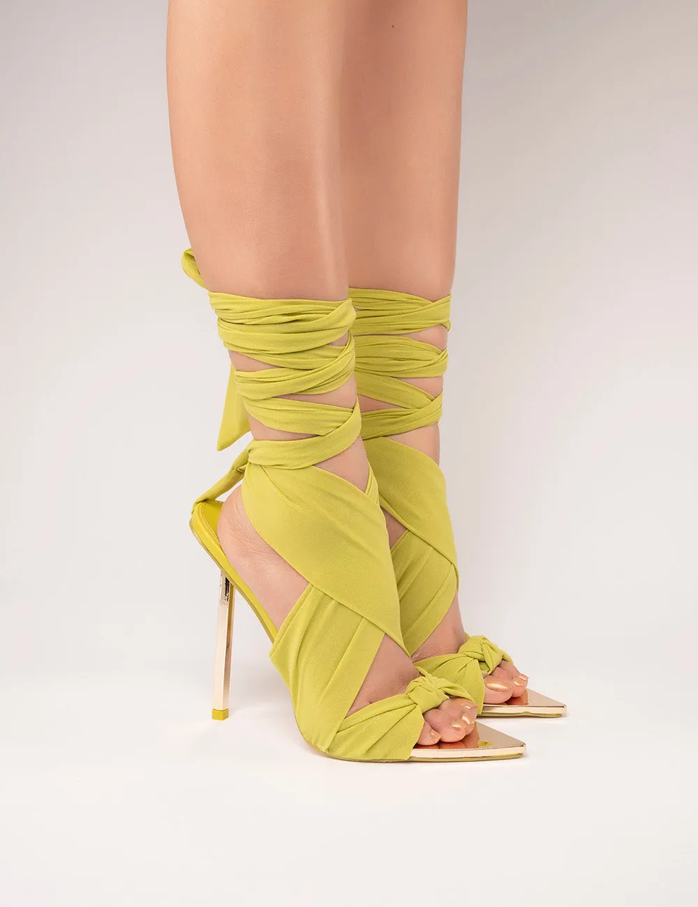 Huni Green Chiffon Ribbon Tie Up Gold Stiletto Heels