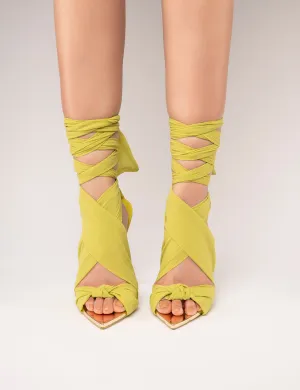 Huni Green Chiffon Ribbon Tie Up Gold Stiletto Heels
