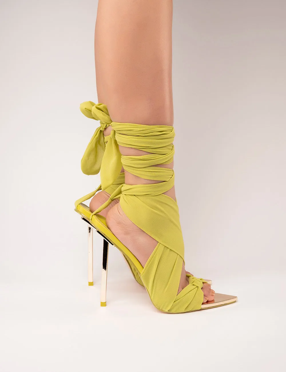 Huni Green Chiffon Ribbon Tie Up Gold Stiletto Heels
