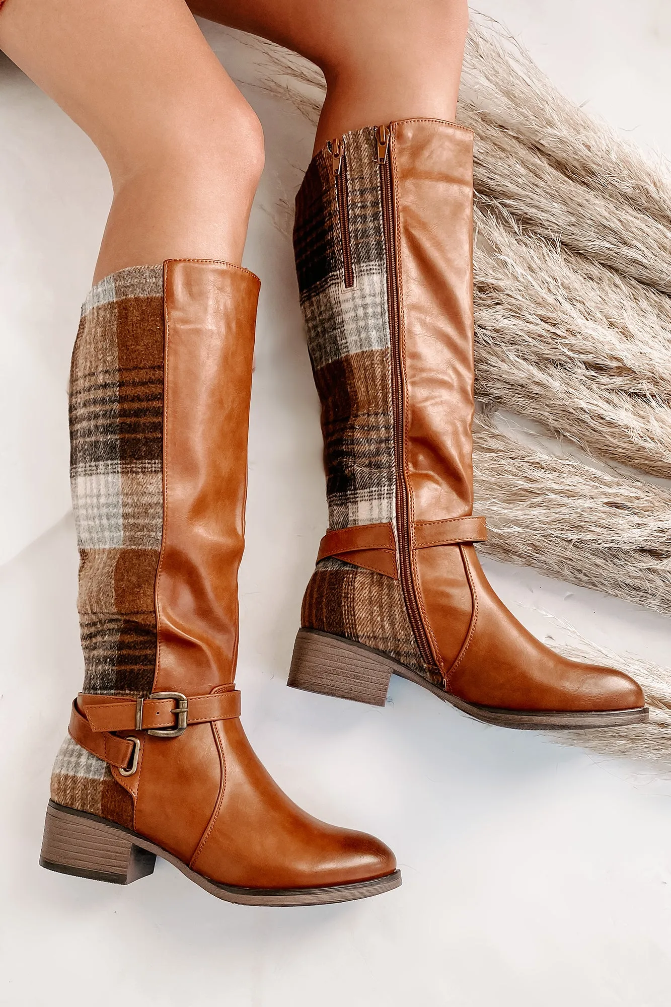 IMPERFECT Master Of The Hunt Plaid Knee High Boots (Tan)