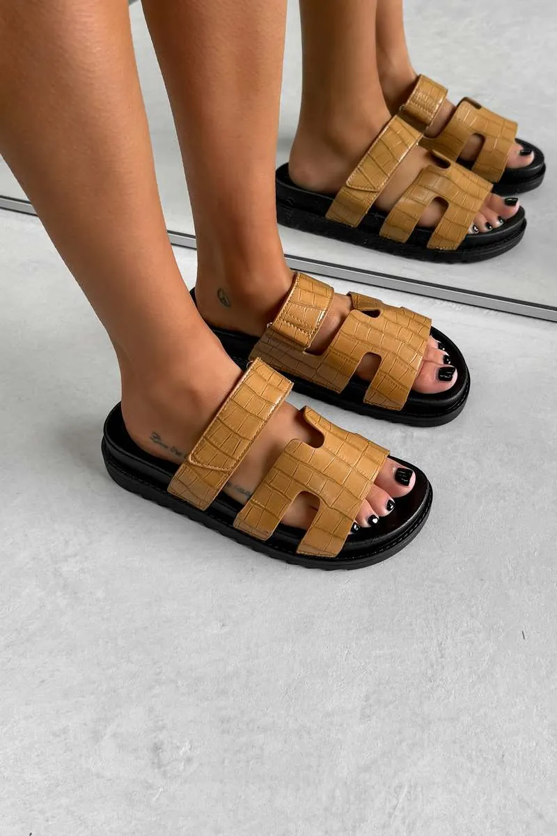 INDIE Gladiator Strap Slider Sandals - Camel Croc