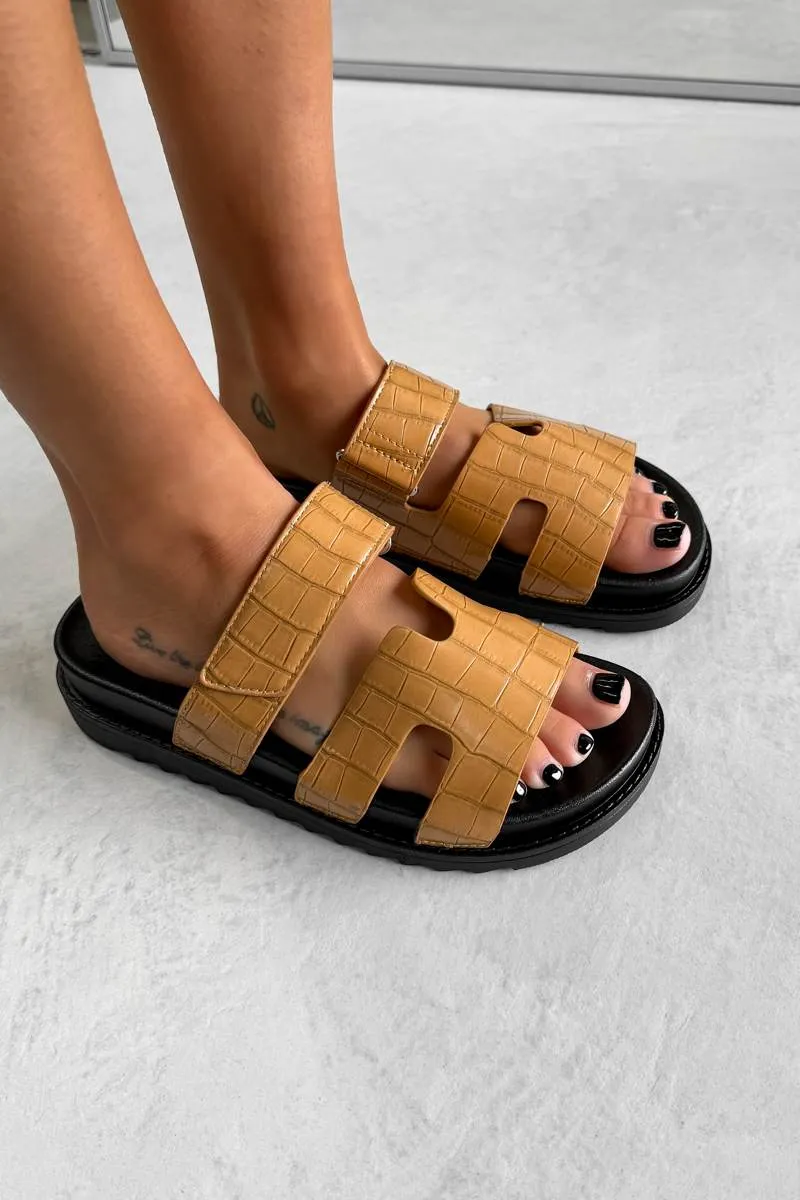 INDIE Gladiator Strap Slider Sandals - Camel Croc