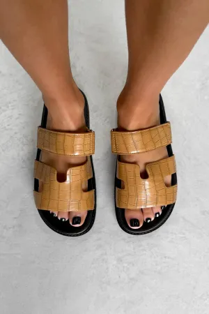 INDIE Gladiator Strap Slider Sandals - Camel Croc