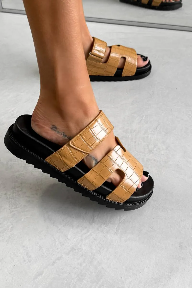 INDIE Gladiator Strap Slider Sandals - Camel Croc