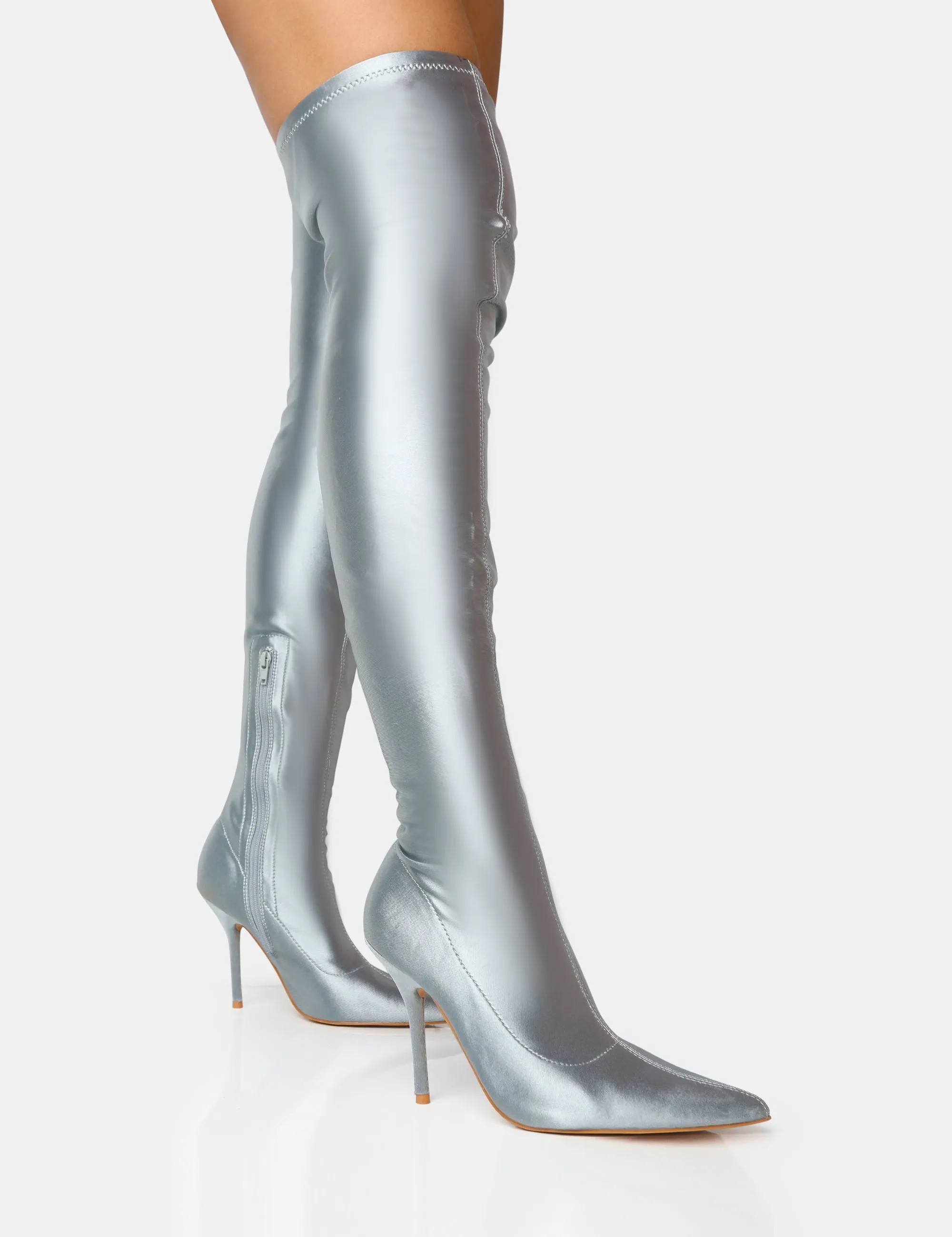 Instinct Silver Lycra Pointed Toe Stiletto Over The Knee Boots