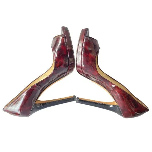 JIMMY CHOO Luna Tortoise Shell Burgundy Patent Leather Peep Toe Pumps, Size 39