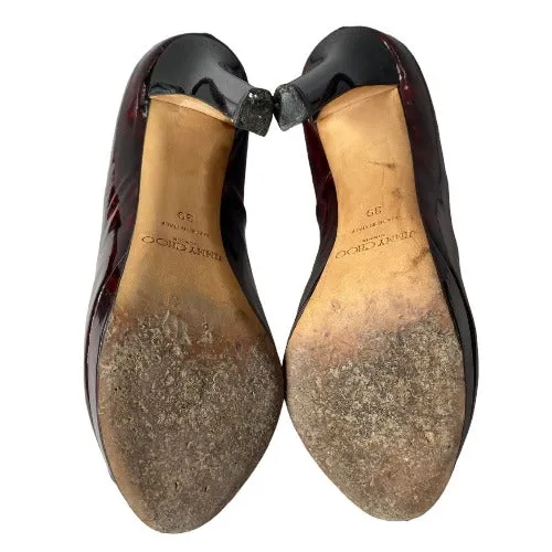 JIMMY CHOO Luna Tortoise Shell Burgundy Patent Leather Peep Toe Pumps, Size 39