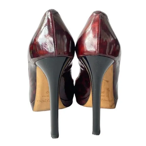 JIMMY CHOO Luna Tortoise Shell Burgundy Patent Leather Peep Toe Pumps, Size 39
