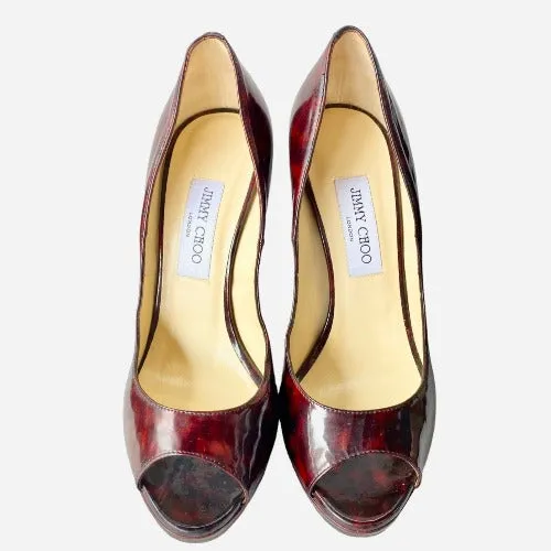 JIMMY CHOO Luna Tortoise Shell Burgundy Patent Leather Peep Toe Pumps, Size 39