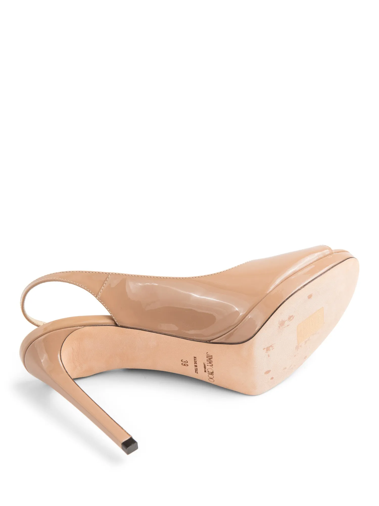 Jimmy Choo Patent Leather Platform Slingback Heels Beige