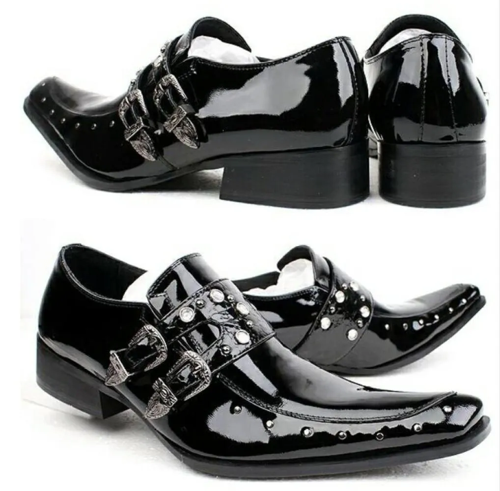 Jinquedai Men Patent Leather Shoes Pointed Toe Business Casual Buckle Loafer Wedding Office Slip On Shoes Meeting Singer Stage Wear