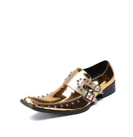 Jinquedai Men Patent Leather Shoes Pointed Toe Business Casual Buckle Loafer Wedding Office Slip On Shoes Meeting Singer Stage Wear