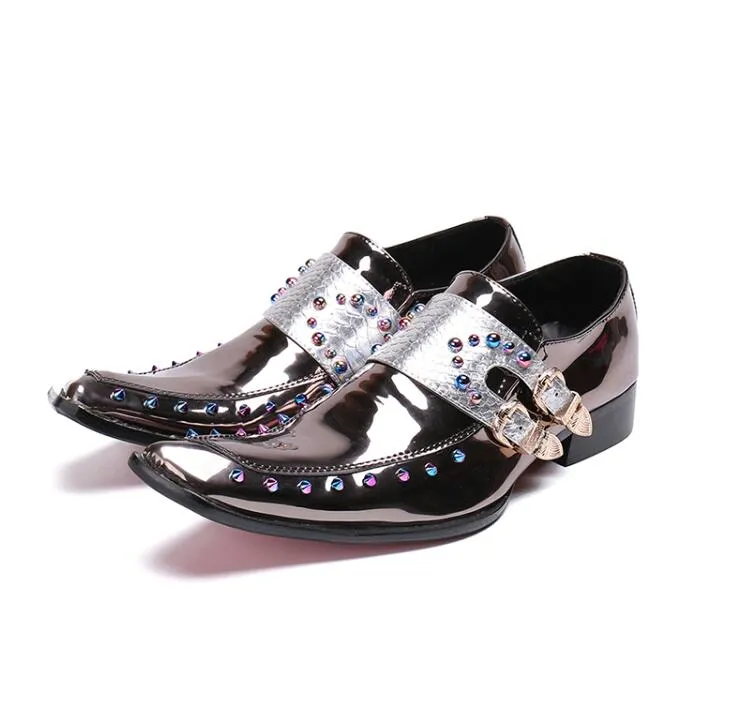 Jinquedai Men Patent Leather Shoes Pointed Toe Business Casual Buckle Loafer Wedding Office Slip On Shoes Meeting Singer Stage Wear