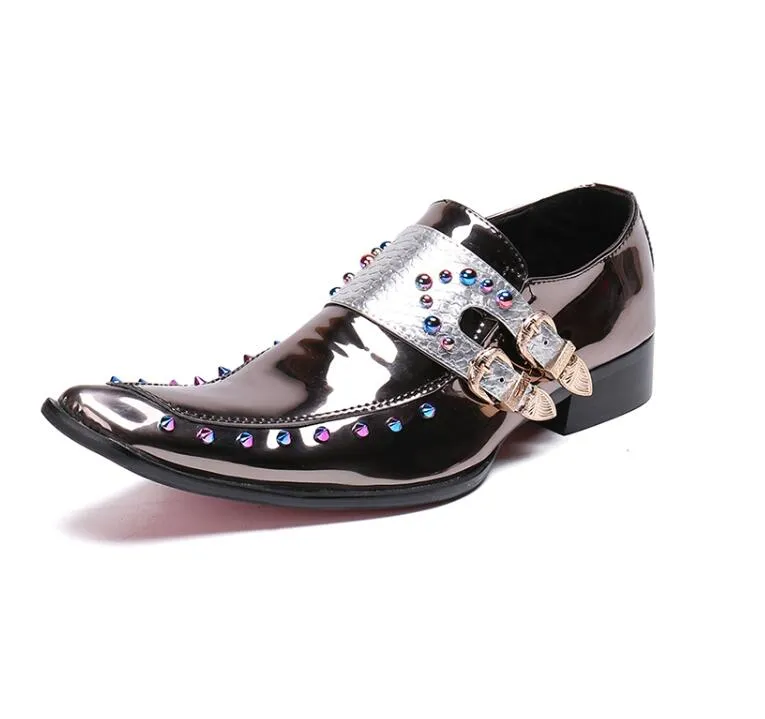 Jinquedai Men Patent Leather Shoes Pointed Toe Business Casual Buckle Loafer Wedding Office Slip On Shoes Meeting Singer Stage Wear