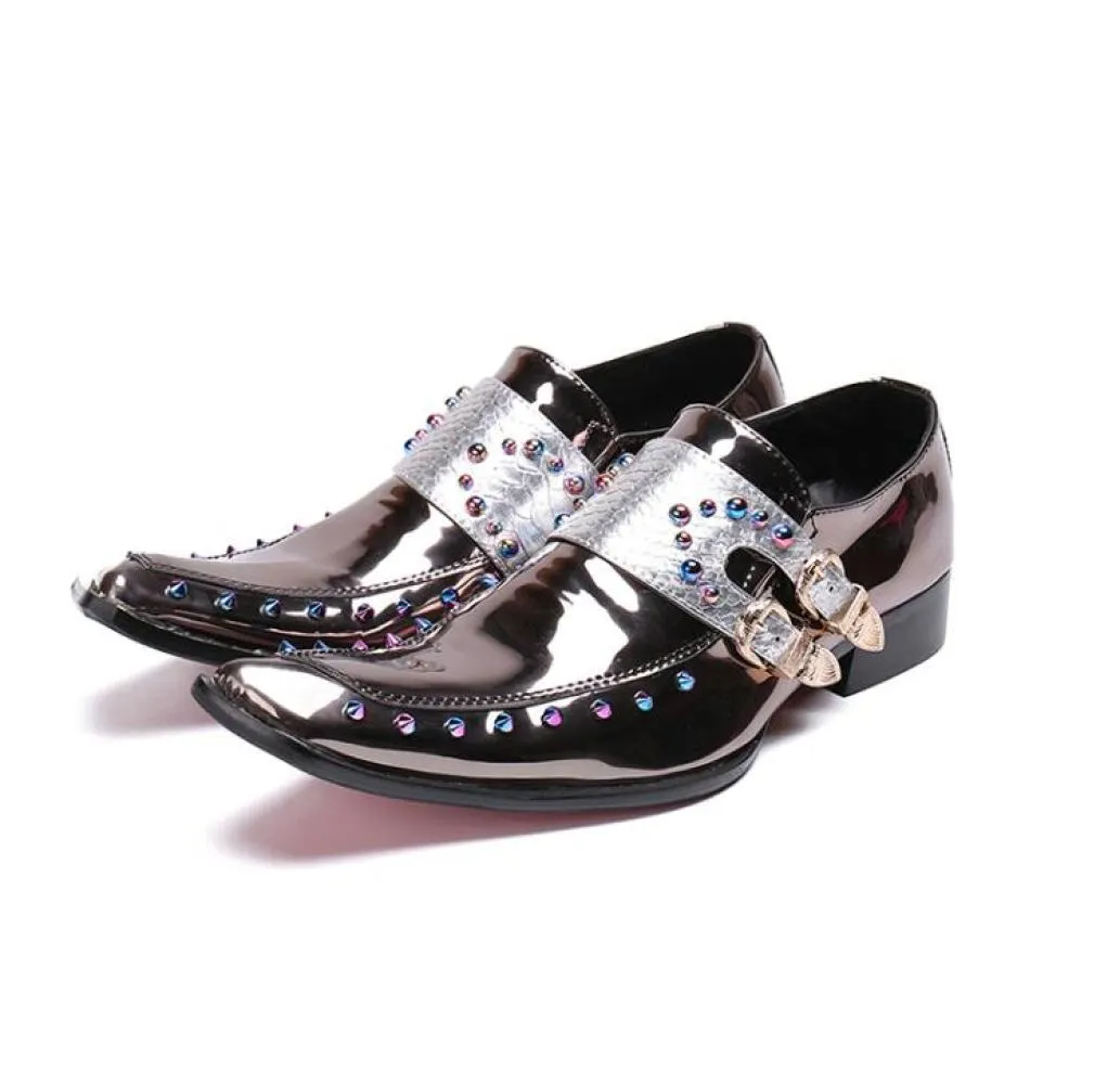 Jinquedai Men Patent Leather Shoes Pointed Toe Business Casual Buckle Loafer Wedding Office Slip On Shoes Meeting Singer Stage Wear