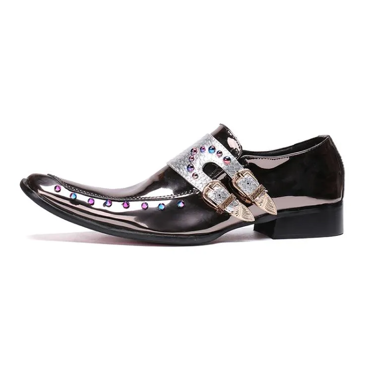 Jinquedai Men Patent Leather Shoes Pointed Toe Business Casual Buckle Loafer Wedding Office Slip On Shoes Meeting Singer Stage Wear