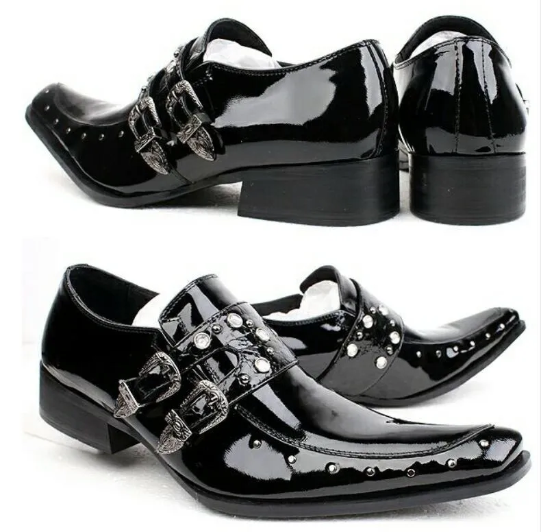 Jinquedai Men Patent Leather Shoes Pointed Toe Business Casual Buckle Loafer Wedding Office Slip On Shoes Meeting Singer Stage Wear