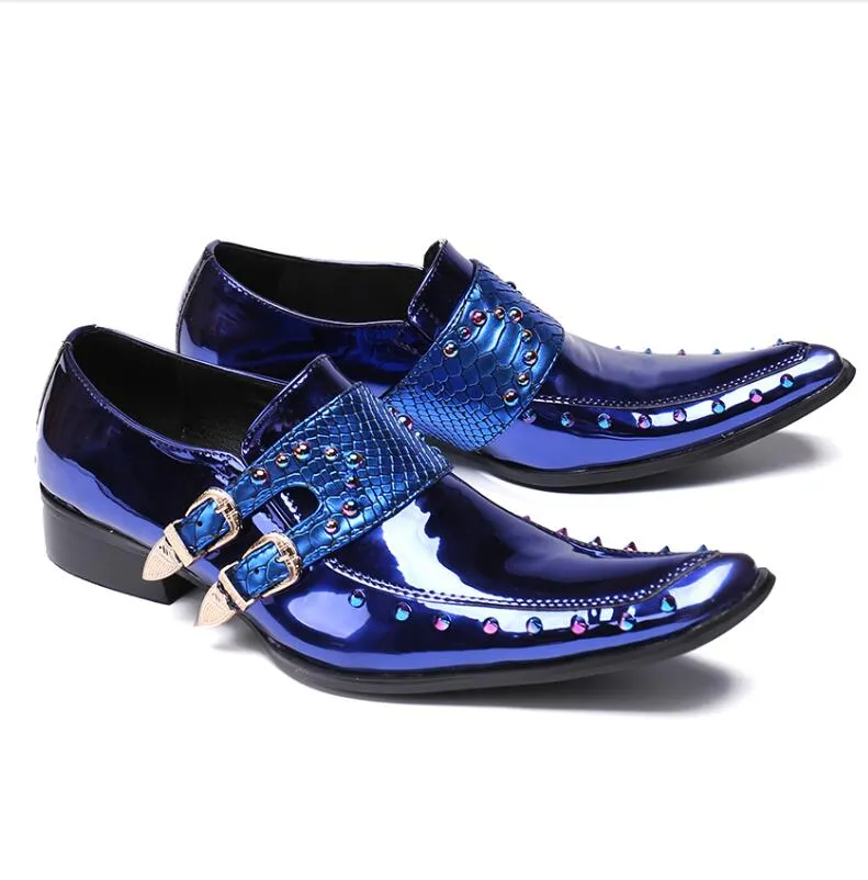 Jinquedai Men Patent Leather Shoes Pointed Toe Business Casual Buckle Loafer Wedding Office Slip On Shoes Meeting Singer Stage Wear